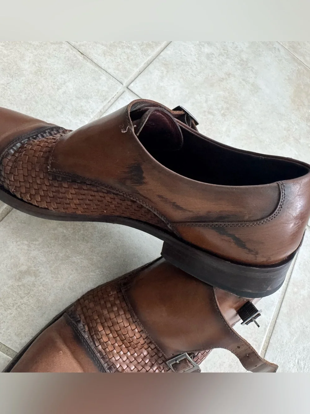Studio Belvedere Mens 10 Double Monk Strap Buckle Woven Cognac Leather Shoes